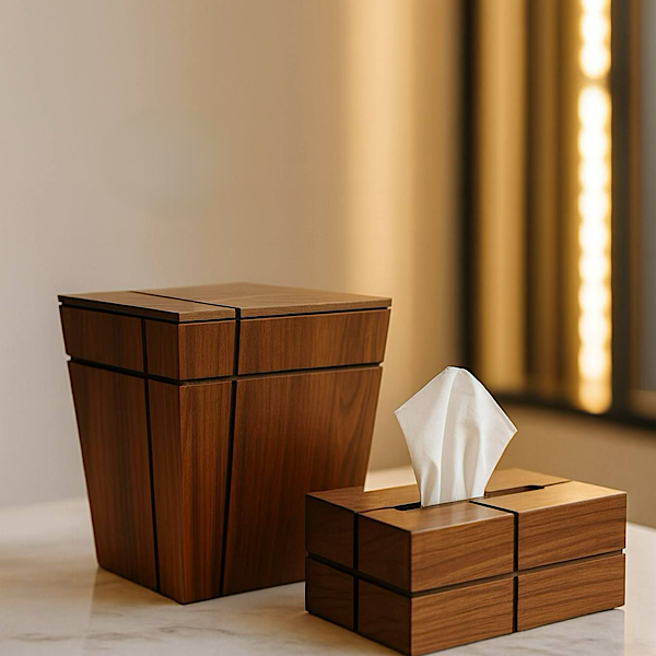 IMG_6569 ست سطل زباله و دستمال کاغذی روبیک سبزهوم | جنس MDF - Image 1