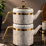 کتری قوری گرانیت ماربل استوانه Embico دسته طرح چوب با قوری گرانیت مدل 3078