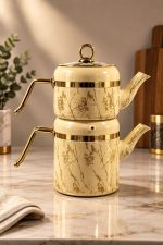 کتری قوری گرانیت ماربل استوانه Embico دسته طرح چوب با قوری گرانیت مدل 3078 - تصویر 2